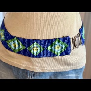 Stretchy Wide Beaded Belt Turquoise, Blue and Green. ONE MISSING BEAD